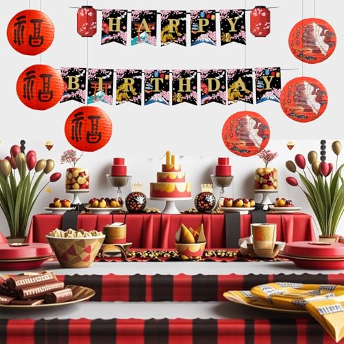 21Pcs Japanese Birthday Party Decorations Set Happy Birthday Banner with Chinese Paper Lanterns Black Gold Red Oriental Theme Hibachi Party Decorations