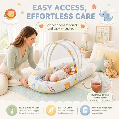 Image of StarAndDaisy 3 in 1 Baby Bedding Set for New Born Baby, Bed Mattress with Mosquito Net & Neck Pillow, Sleeping Nest Travel, Infant Toddler Bed Set Gifts for Baby Boy Girl 0-12 Months -Animal Print