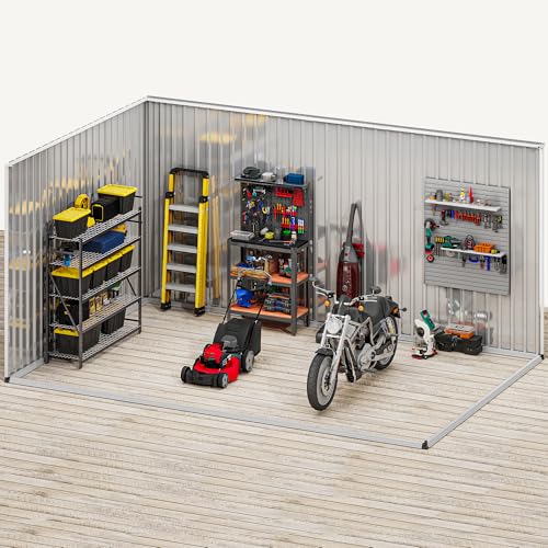 Image of DWVO 12x8ft Metal Outdoor Storage Shed with Window, Lockable Tool Storage Sheds, Oversized Steel Garden Sheds with Sloped Roof for Backyard, Patio, Garage, Lawn, Gray & White
