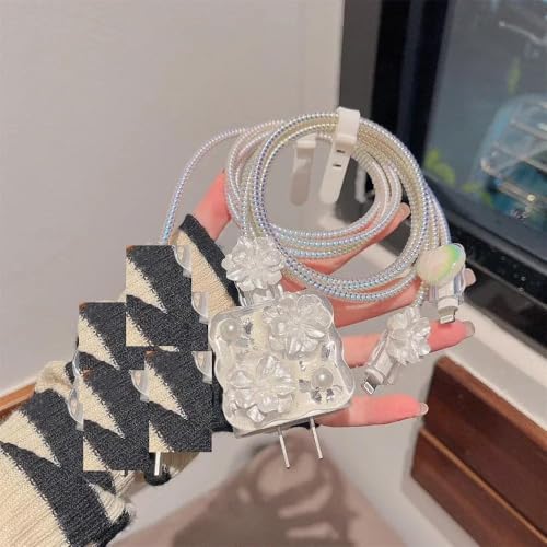 Image of Cable Protector with 3D Cute Pattern for iPhone Charger only 18W & 20W, Data Charging Cable Wire Saver Protective Cable Cover Full Protection Cable Sleeve (FOIL FLOWER)
