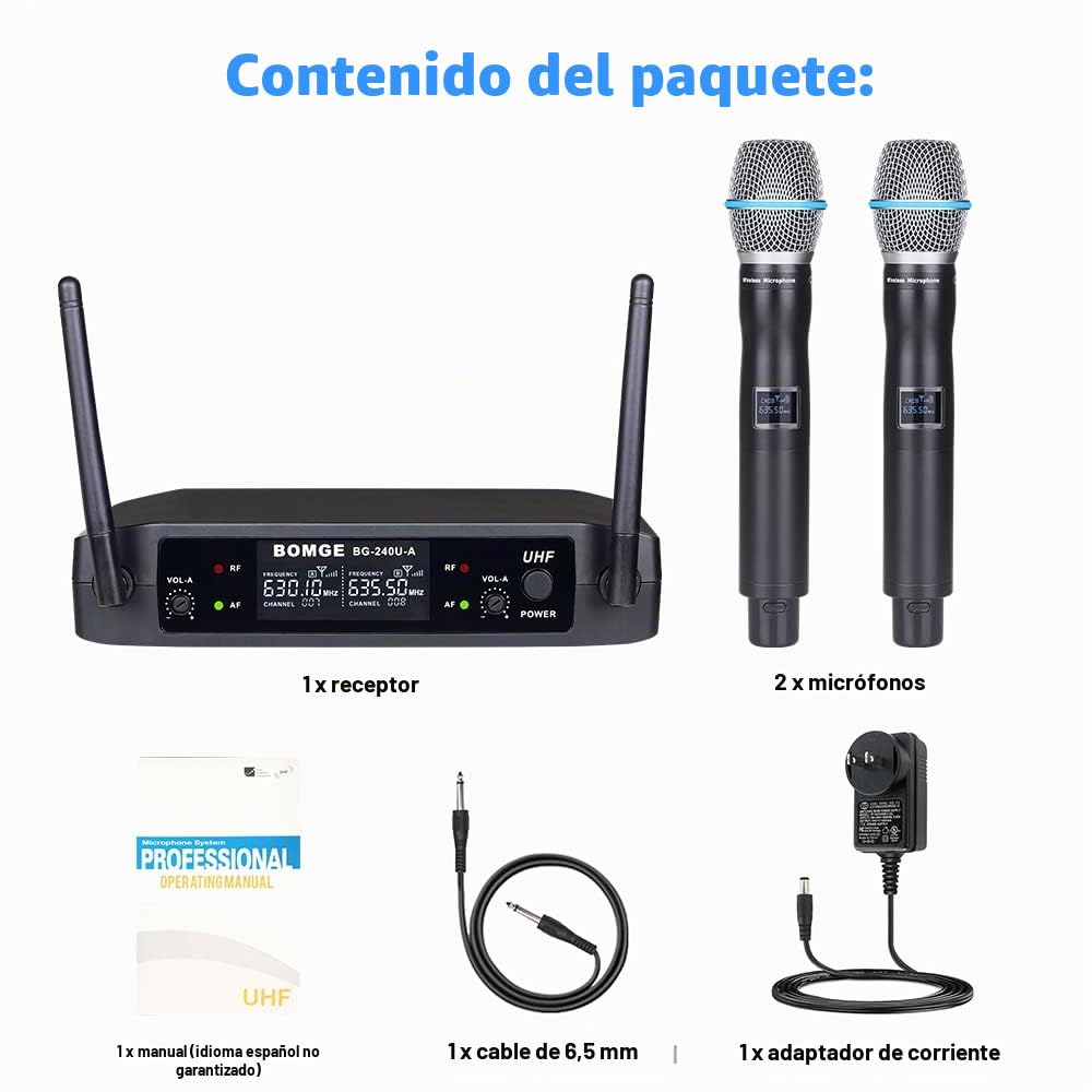 BOMGE UHF - Micrófonos inalámbricos de Mano duales de Metal y Sistemas para Karaoke, Canto, reunión, Fiesta, Iglesia, DJ, Boda, 200 pies (240U)