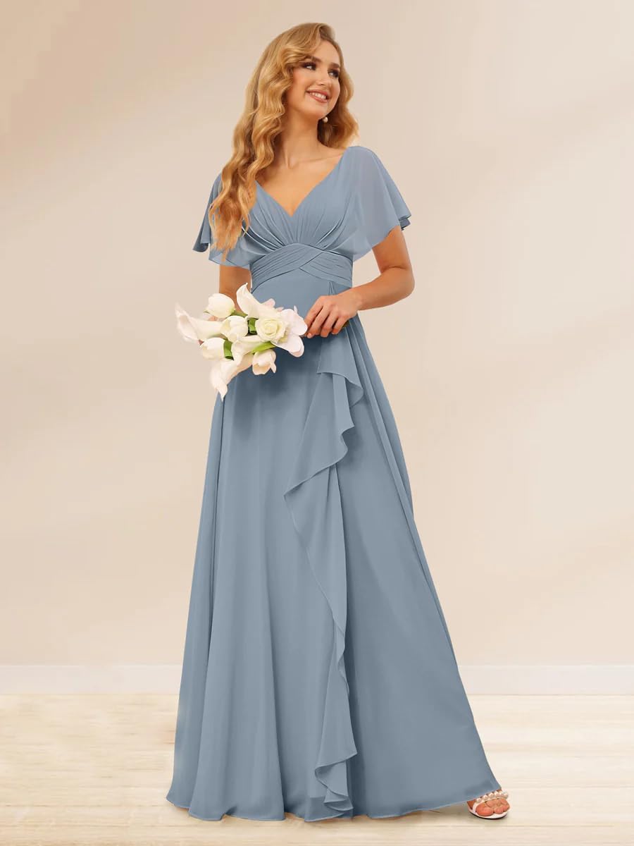 V Neck Bridesmaid Dress with Sleeves Ruched Ruffles Side Slit Long Formal Dresses for Women DIN006 - Image 3