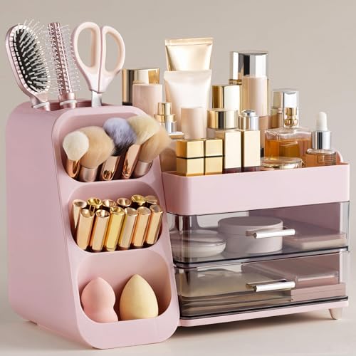 Image of HBlife Makeup Organizer with Brush Holder for Vanity, Large Plastic Bathroom Countertop Organizer Skin Care Storage, Easy to Store Lipsticks, Nail Polishes, Perfumes, Eyeshadow Palettes, Pink