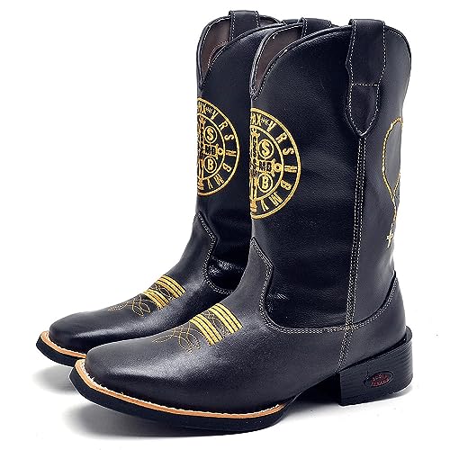 KRN SHOES Bota Texana Em Couro Masculino Bico Redondo e Detalhe Bordado