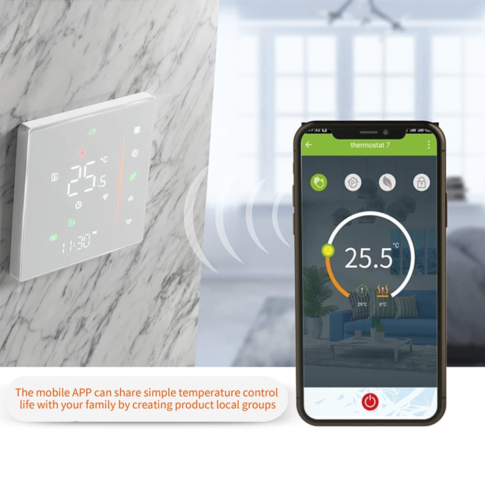 Wöchentlich programmierbarer WLAN-Smart-Thermostat-Temperaturregler, unterstützt Touch-Steuerung/Mobile APP/Sprachsteuerung, kompatibel mit/Home, für die Warmwasserbereitung 5A Weiß