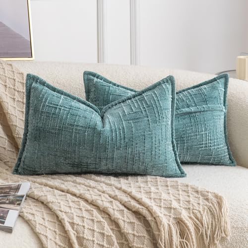 Image of MADIZZ Pack of 2 Chenille Throw Pillow Covers 12x20 Inch Teal Soft Neutral Decorative Throw Pillows for Couch Sofa Boho Accent Cushion Covers Modern Farmhouse Home Decor for Bedroom Living Room