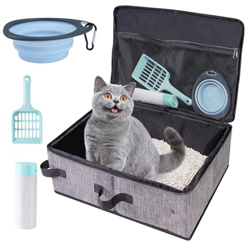 Travel Litter Box for Cats in Car with Lid and Cat Litter Scoop,Portable Cat Litters Case with a Bowl and 10 pcs Disposable Liner Bags,Leak-Proof and Collapsible
