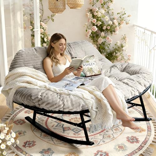 YOXIFOC Schaukelstuhl 2 Personen Übergroßer Vollgeflochtener Rattan - 250kg Belastbarkeit, Extra...