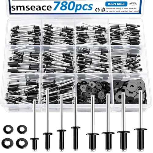 Image of smseace 780Pcs Black Pop Rivets with Washers Assortment Kit-10-Sizes SAE Rivets for Metal 1 /8,3 /16Inch 2-Sizes 304 Stainless Steel Washers for Metal, Furniture, Automotive, Instruments