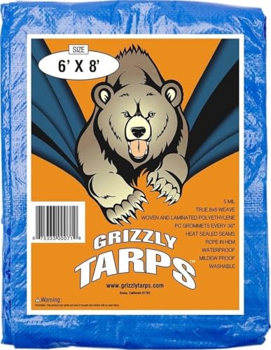 Image of Grizzly Tarps by B-Air 6' x 8' Large Multi-Purpose Waterproof Heavy Duty Poly Tarp with Grommets Every 36 inch, 8x8 Weave, 5 Mil Thick, For Home, Boats, Cars, Camping, Protective Cover, Blue