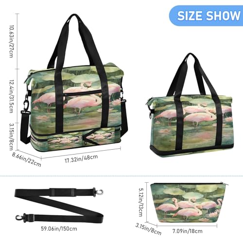 Flamingo Green Travel Duffel Bag for Women Men Gym Bag with Shoe Compartment Wet Pocket Carry On Weekender Overnight Bags for Hospital Gym Travel3