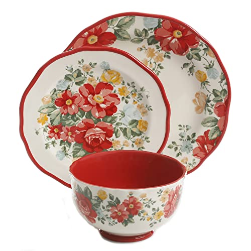 12-Piece Dinnerware Set，Vintage Floral (Color : Red)