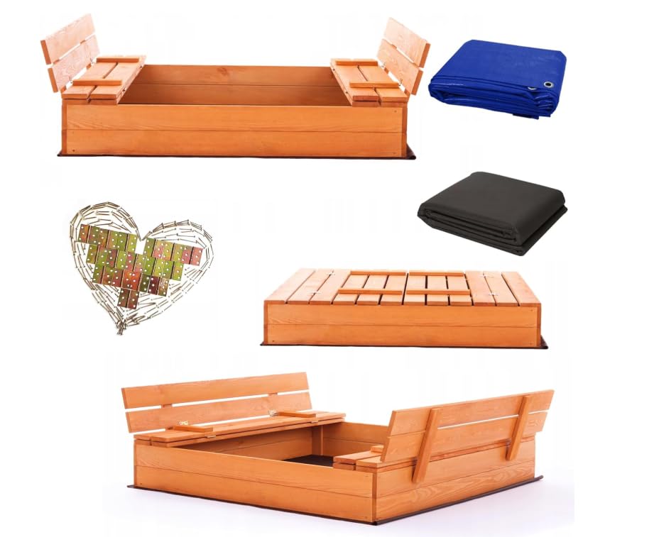 Bac à sable, 100 x 100 cm, imprégné ou non traité, de qualité supérieure, avec couvercle, bancs, couvercle, bâche, bois de pin non tissé, 120 x 120 cm, miel