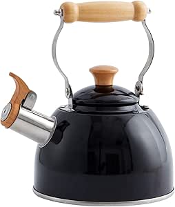 ROCKURWOK Whistling Tea Kettle, 1.6 QT / 50 OZ, Black Teapot, Universal Base for Induction | Gas | Electric | Halogen | Radiant, Wooden Handle, Vintage