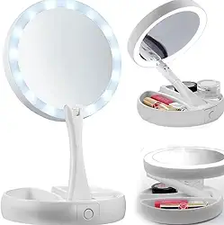 Espelho de Maquiagem LED Dobrável com Base Organizadora – Dupla Face, Aumento 10x, Iluminação Integrada, Portátil para Viagem e Bancada – Branco