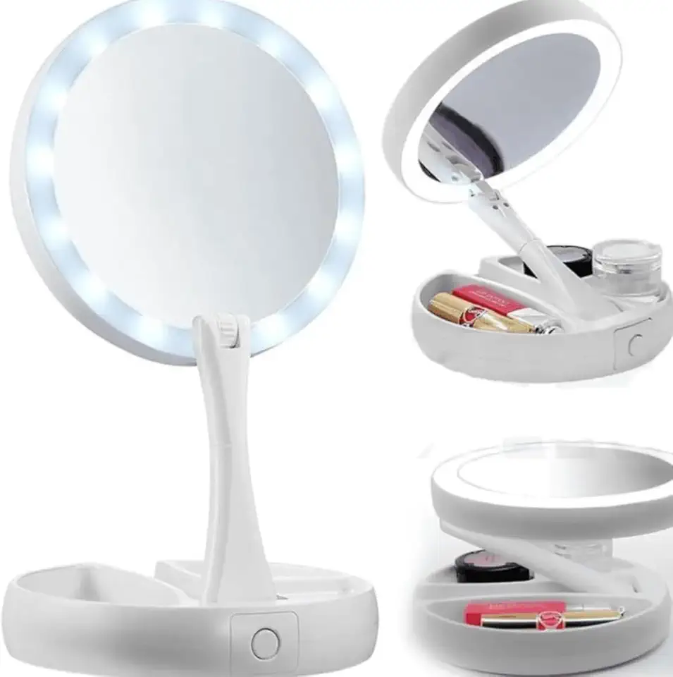 Espelho de Maquiagem LED Dobrável com Base Organizadora – Dupla Face, Aumento 10x, Iluminação Integrada, Portátil para Viagem e Bancada – Branco