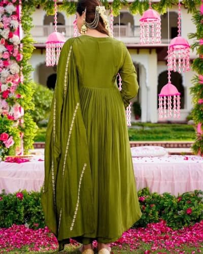 Image of Nermosa Women Embroidery Solid Anarkali Kurta and Pant Set with Dupatta