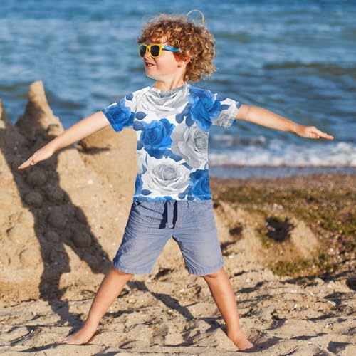 ALAZA Kids Rash Guard Girls Toddler Swim Shirts Short Sleeve Blue White Roses UPF 50+ 3T4
