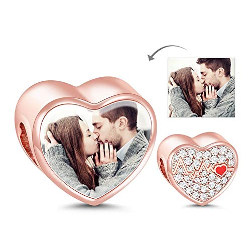 GNOCE Rose Gold Photo Charm Bead 925 Sterling Silver Beating Heart Customsied Photo Heart Charm with CZs Fit for Bracelet/Necklace Valentine's Day Charm Gifts for Wife Lover