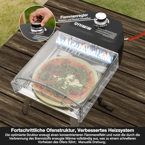 Mimiuo Gas Pizzaofen mit Manuellem Drehfunktion und Gasdruckregler | Tragbarer Gasofen für Garten, outdoor | Enthält 33cm Pizzastein, Pizzaschaufel, Pizza-Abdeckung | Gas Pizza Oven