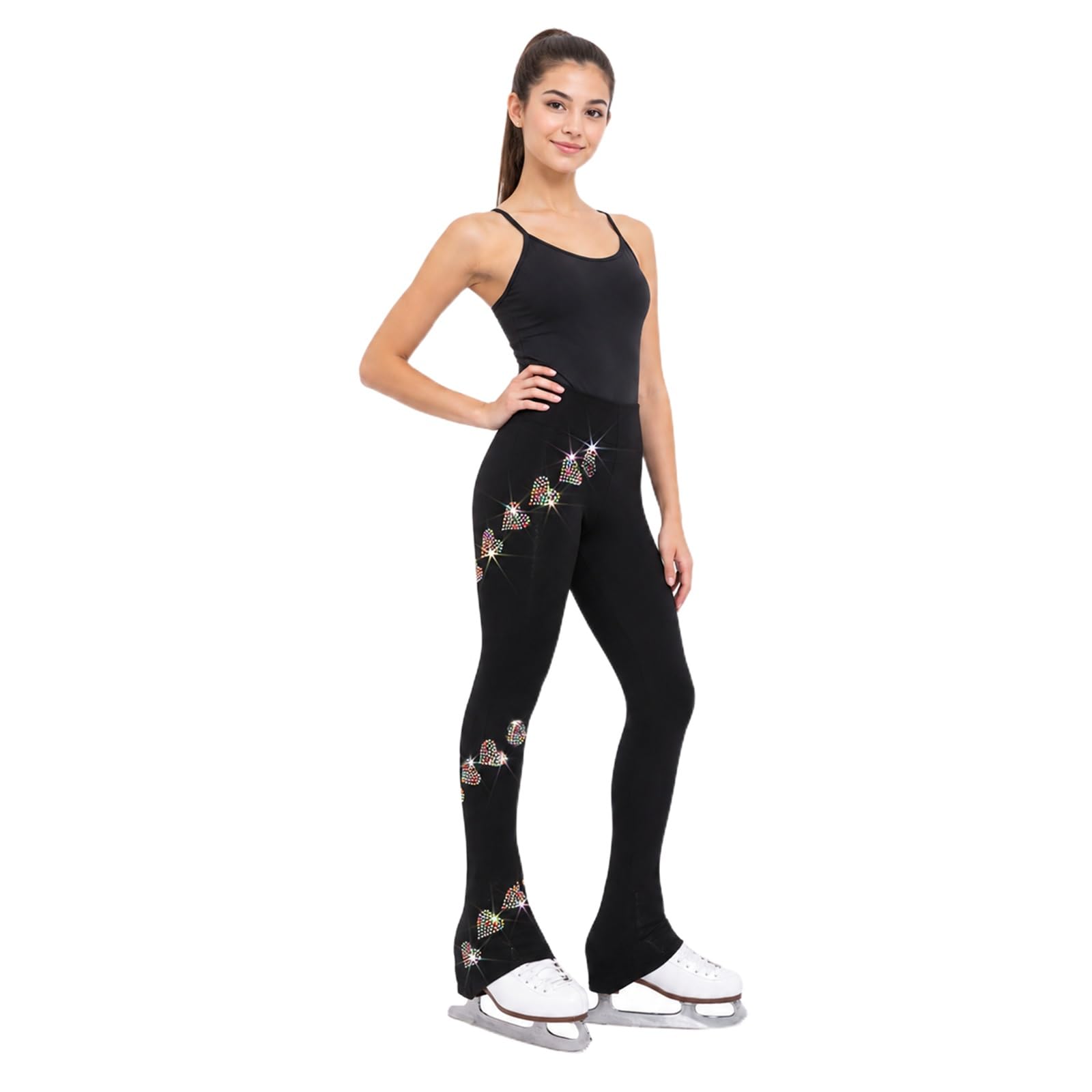 Pantaloni Pattinaggio Donna Teen Strass Bootcut Training | Tessuto elasticizzato liscio, vita stabile e fondo lungo danno comfort durante prova, pista e riscaldamento.