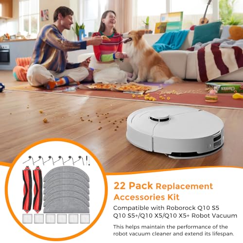 Image of 22 Pack Replacement Accessories Kit Compatible with Roborock Q10 S5 /Q10 S5+ /Q10 X5 /Q10 X5+ Robot Vacuum, 2 Main Brushes, 6 Side Brushes, 6 Mop Pads, 6 HEPA Filters, 1 Screwdriver, 1 Cleaning Tool
