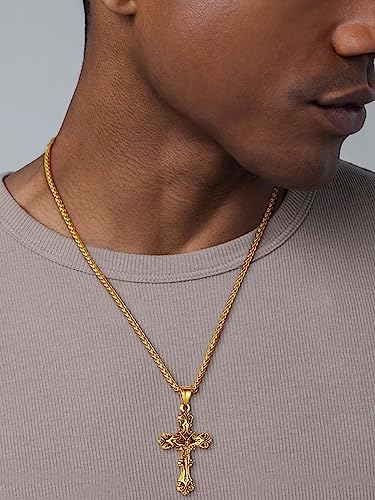 ChainsHouse Cross Necklace for Men, Black/18K Gold Plated/Stainless Steel Christian Jewelry Cross Pendant Necklace for Men, with Gift Box2