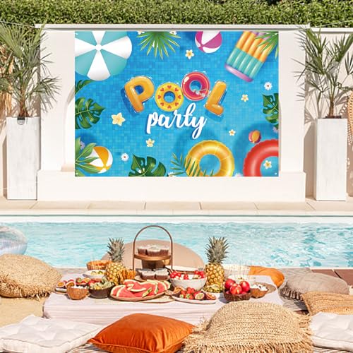 Image of Summer Banner Pool Party Decorations, Pool Party Decorations Banner Backdrop Summer Party Decorations, Hanging Beach Themed Summer Party Decorations with Rope (72 * 44 Inches)