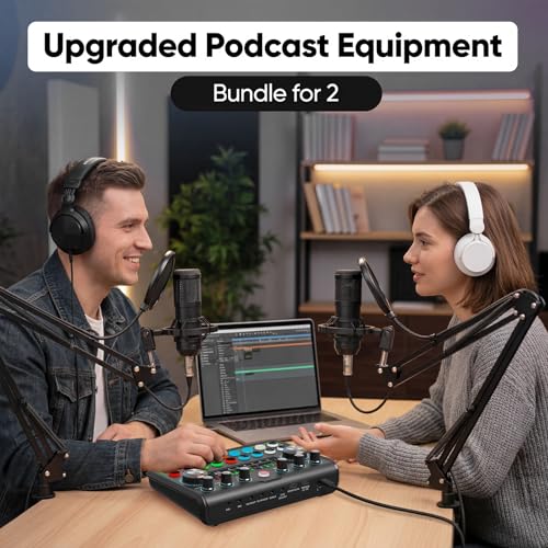 Image of 2025 Upgraded Podcast Equipment Bundle for 2, Recording Studio Kit with Dual Condenser Microphones, Audio Interface Mixer with 4 Sound Effects, Easy Setup for Podcasting, Streaming & Gaming