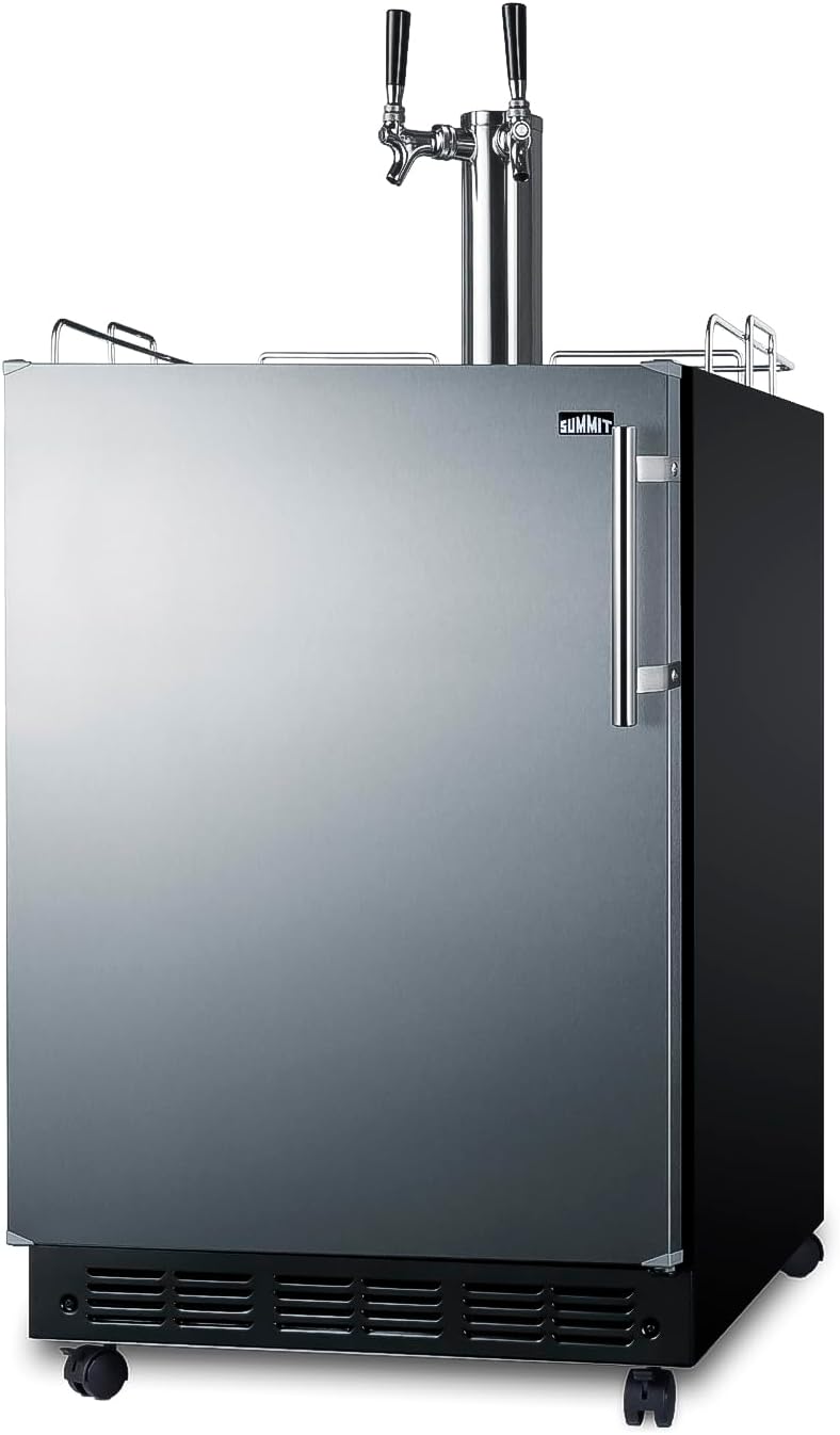 Front view of the Summit Appliance kegerator with tap tower and casters
