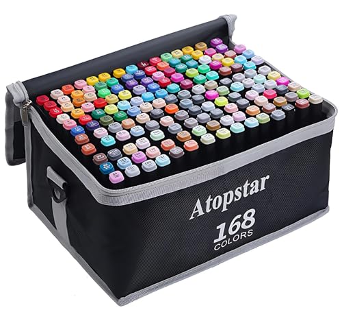 ATOPSTAR 168 Colors Alcohol Markers Artist Drawing Dual Tip Marker Pen for Adult Coloring Painting Supplies Perfect for Kids Boys Girls Students Adult(168 Black Shell)
