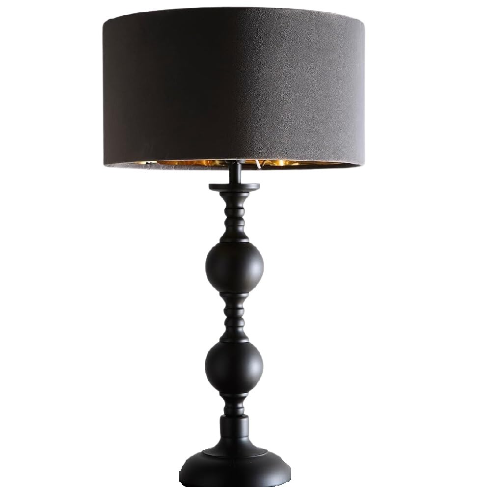 Britalia Modern Candlestick Table Lamp, Black Metal Base, Grey Velvet Drum Shade with Gold Inner, 46cm Height