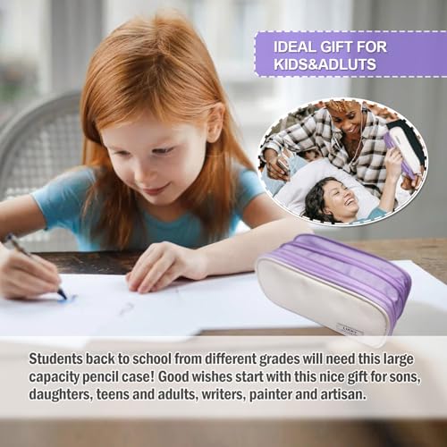 Image of Pencil Case Large Capacity Pouch Bag with Zippers, Expandable Pen Bag Storage Holds 50-100 Pencils, Colors Pencil Box Organizer Case Office School Supplies for Girls Boys Adults(Purple)