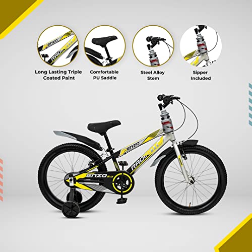 Image of Radiant Cycles Enzo 2.0 20T Unisex Kids Cycle | Ideal for Kids | 10.5 Inch High Tensile Carbon Steel Frame | V Power Brakes (Yellow Grey, Single Speed)