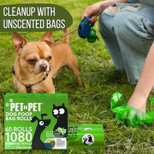 Image of Pet N Pet 1080 Counts Green Poop Bags for Dogs, 41% Plant Based & 59% PE Extra Thick Dog Poop Bags Rolls, 9 inch x 13 inch, Unscented Pet Waste Bag