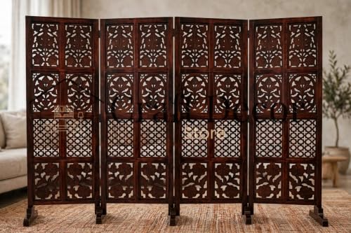 Image of Wooden Room Partition Screen Divider with Stand for Living Room and Bedroom (Brown) | Folding Sheesham Wood Room Separator Wall for Office and Salon