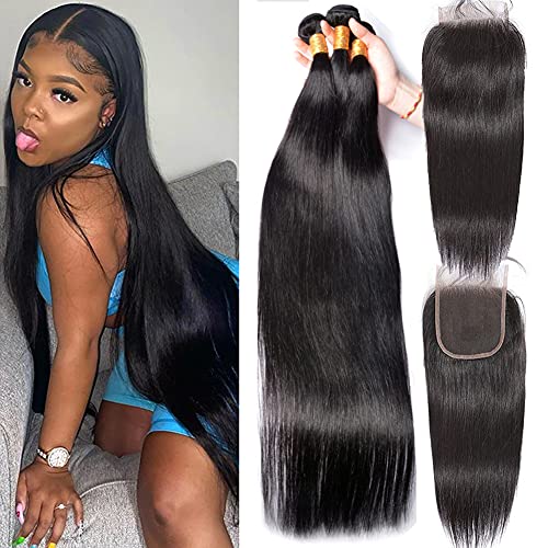 Brazilian Long Silk Straight 3 Bundles With Closure VIPbeauty Unprocessed Virgin Wave Human Hair Bundles With 4x4 Lace Closure Free Part Hair Extensions Natural Color (22 24 26 with 20closure)