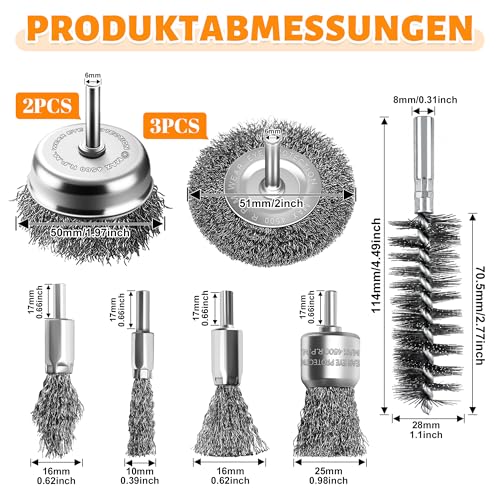 10-Teilig Drahtbürsten Set für gründliche Reinigung 1/4-Zoll-Schaft