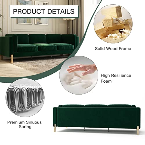 Hommoo 94" W 3 Seat Couch Mid Century Velvet Sofa With Metal Gold Legs Chesterfield With Removable Cushion Comfortable Sofa Couch For Small Apartment Living Room Bedroom Green #TOP3