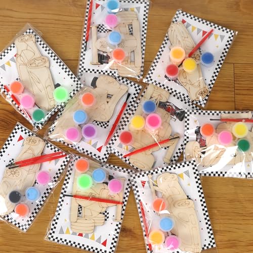LARDUX 24Pcs Party Favor Wooden Craft Kit - Wood Painting Craft Kits DIY Birthday Party Decorations (Race Car)