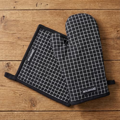 Image of Encasa XO Heat Resistant 100% Cotton Oven Glove & Potholder Set with Loop, Kitchen Cooking Mittens, Microwave Safe Hot Pads (Butcher Checks Black)
