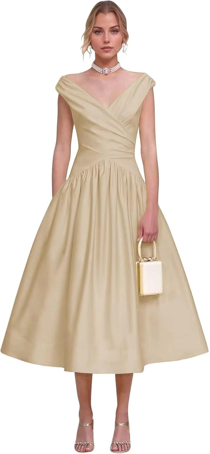 Monlity Prom Dresses for Women Satin V Neck Pleated A Line Cocktal Party Gowns Midi Wedding Guest Dress