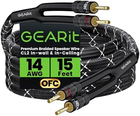 GEARit Hi-Fi-Lautsprecherkabel mit Bananensteckern (4,57 m, OFC sauerstofffreies Kupfer, CL2 Wandlautsprecherkabel, strapazierfähig, geflochten, 14 Gauge, 3 m) Schwarz