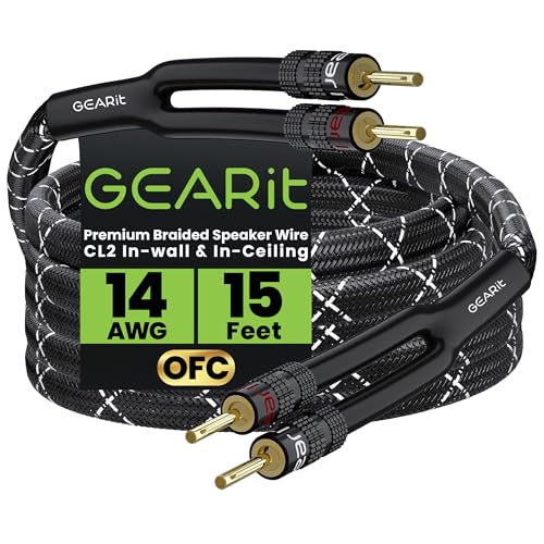 GearIT 14AWG Premium Heavy Duty Braided Speaker Wire (15 Feet) with Dual Gold Plated Banana Plug Tips - Oxygen-Free Copper (OFC) Construction, Black