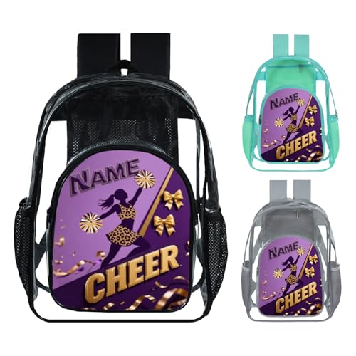 Cheer Clear Backpack Customized for Girls - Cheerleader Name Custom School Bag for Teens, Kids, Women & Students, 17 Inches Large TPU Transparent Schoolbag Fit Sport & Travel