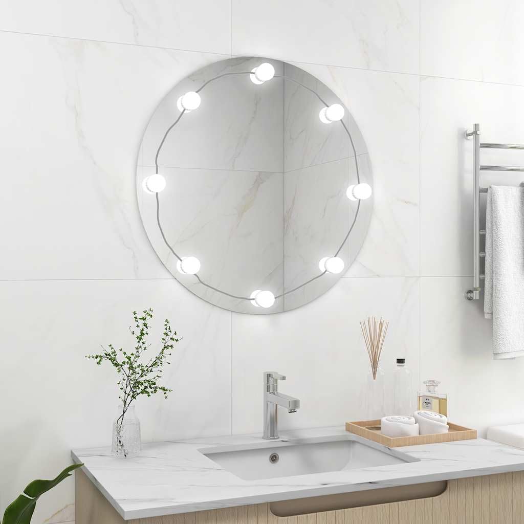 Lustro ścienne z oświetleniem LED, okrągłe, dekoracyjne lustro ze szkła w kolorze srebrnym, 70 cm, złącze USB, od 3000 do 6000 K, do sypialni, salonu, łazienki, garderoby i korytarza