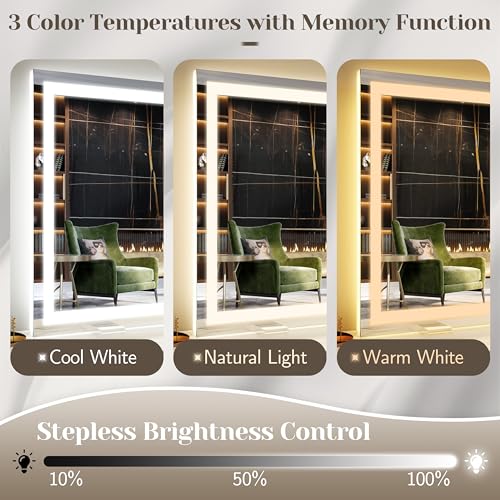 FENNIO Large Vanity Mirror with Lights,38" x 28" LED Makeup Mirror,Hollywood Mirror with 3 Color Modes & Adjustable Brightness,Vanity Mirror Square White