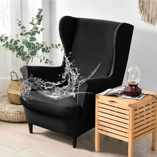 Chickwin Funda Sillon Orejero Elástica Impermeable, Funda Sillon Orejero con Cojin Separado, Funda Color Sólido Sencillo Sofa 1 Plaza, Fundas para Sillones Orejeros Lavables (Negro)