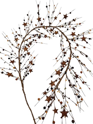 N107mustardburgundyandgreenprimitiveberrieswithrustystarsseasonaldecor455length Urban Country Home Decor N107 mustard burgundy and green primitive berries with rusty stars seasonal decor 45 5 length urban country home decor