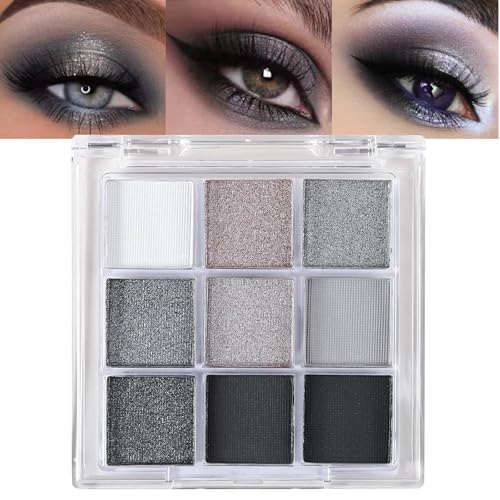 Lilbitty Paleta de sombras de ojos con purpurina de 9 colores, resistente al agua, paleta de maquillaje pigmentada para ojos en negro plateado brillante, sombra de ojos de larga duración para mujeres